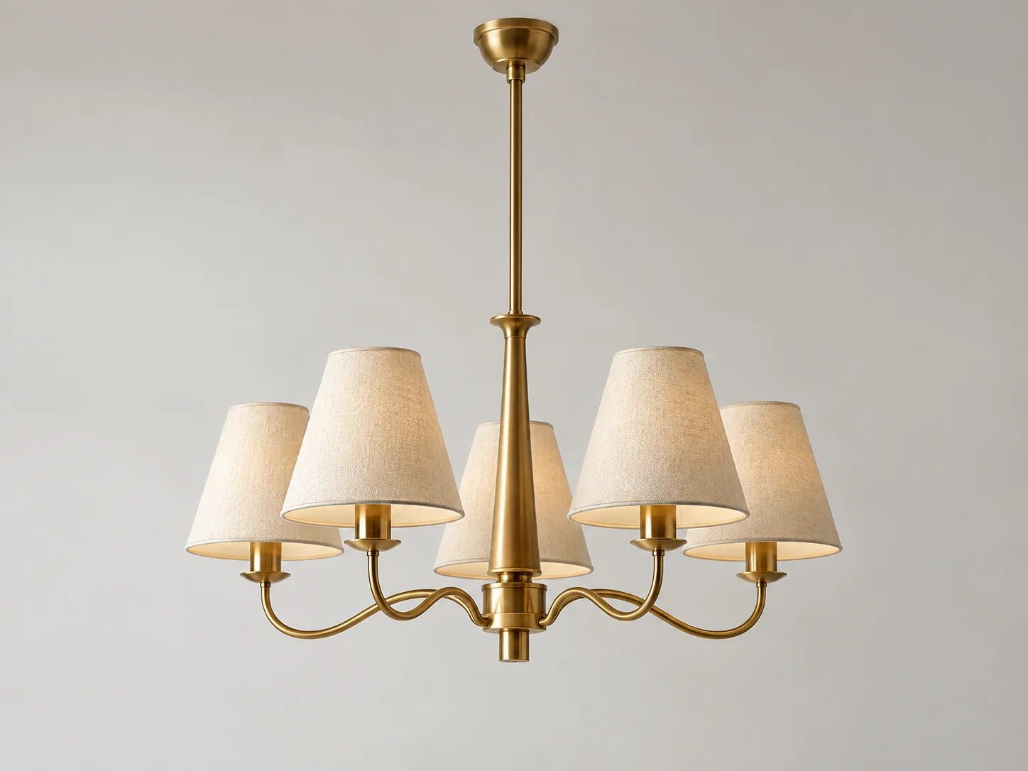 Complete brass chandelier with five fabric shades