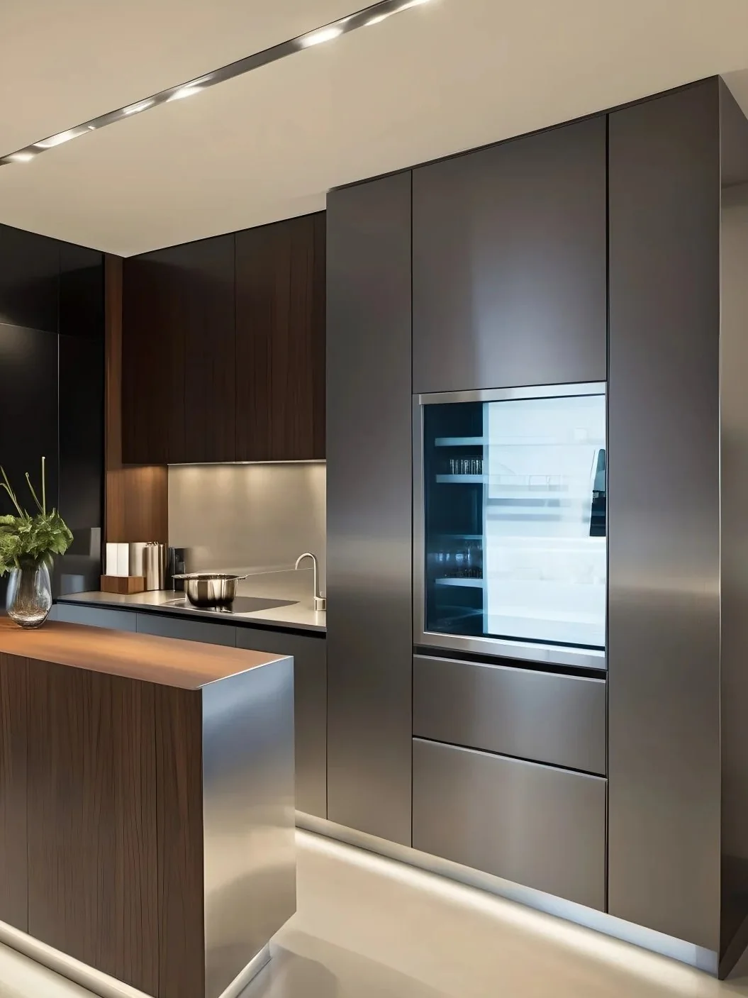 Stainless steel supports a crisp, high-precision modern language.
