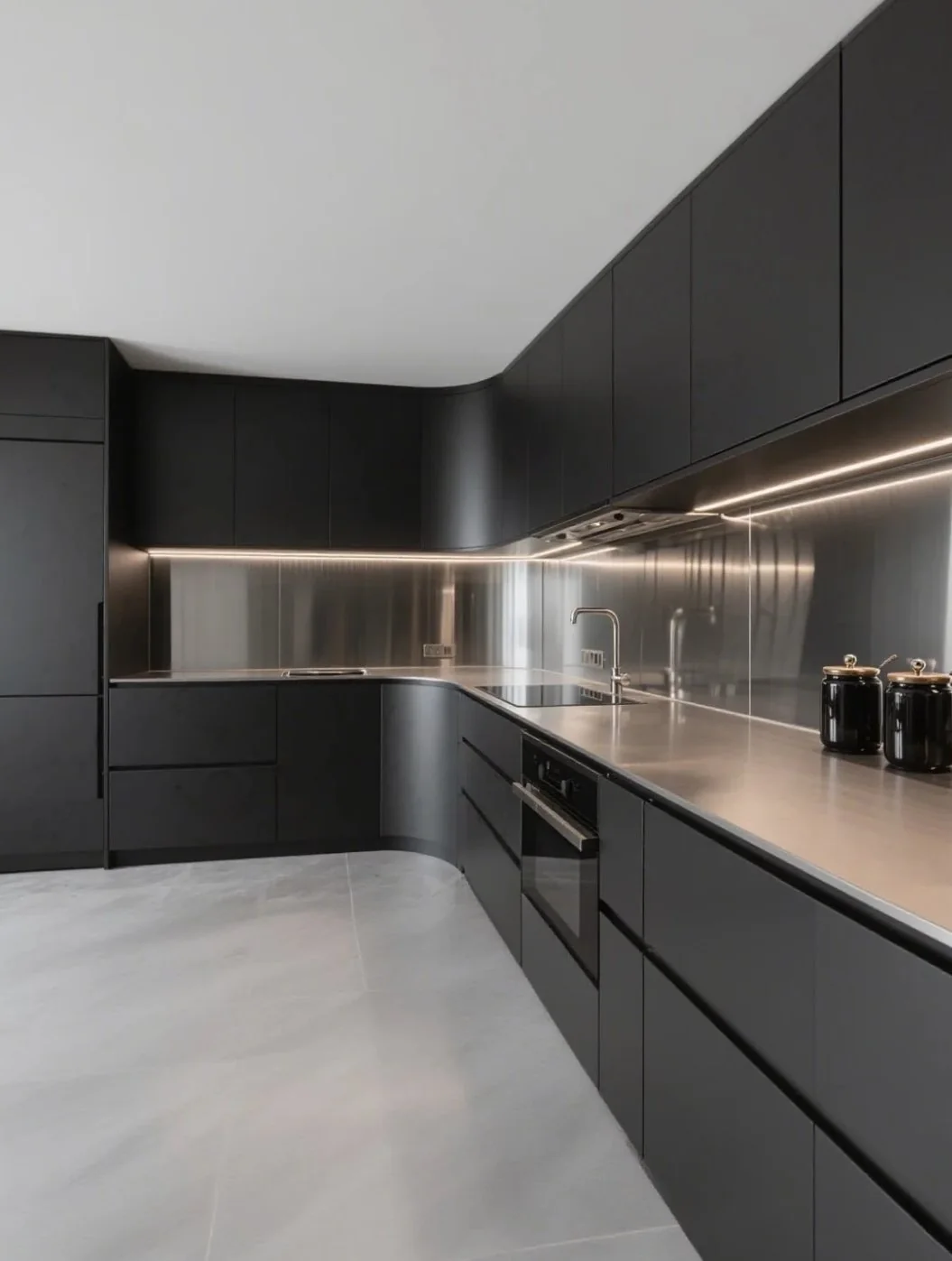 A brushed stainless backsplash and work surface gives a kitchen a continuous, hygienic visual plane.