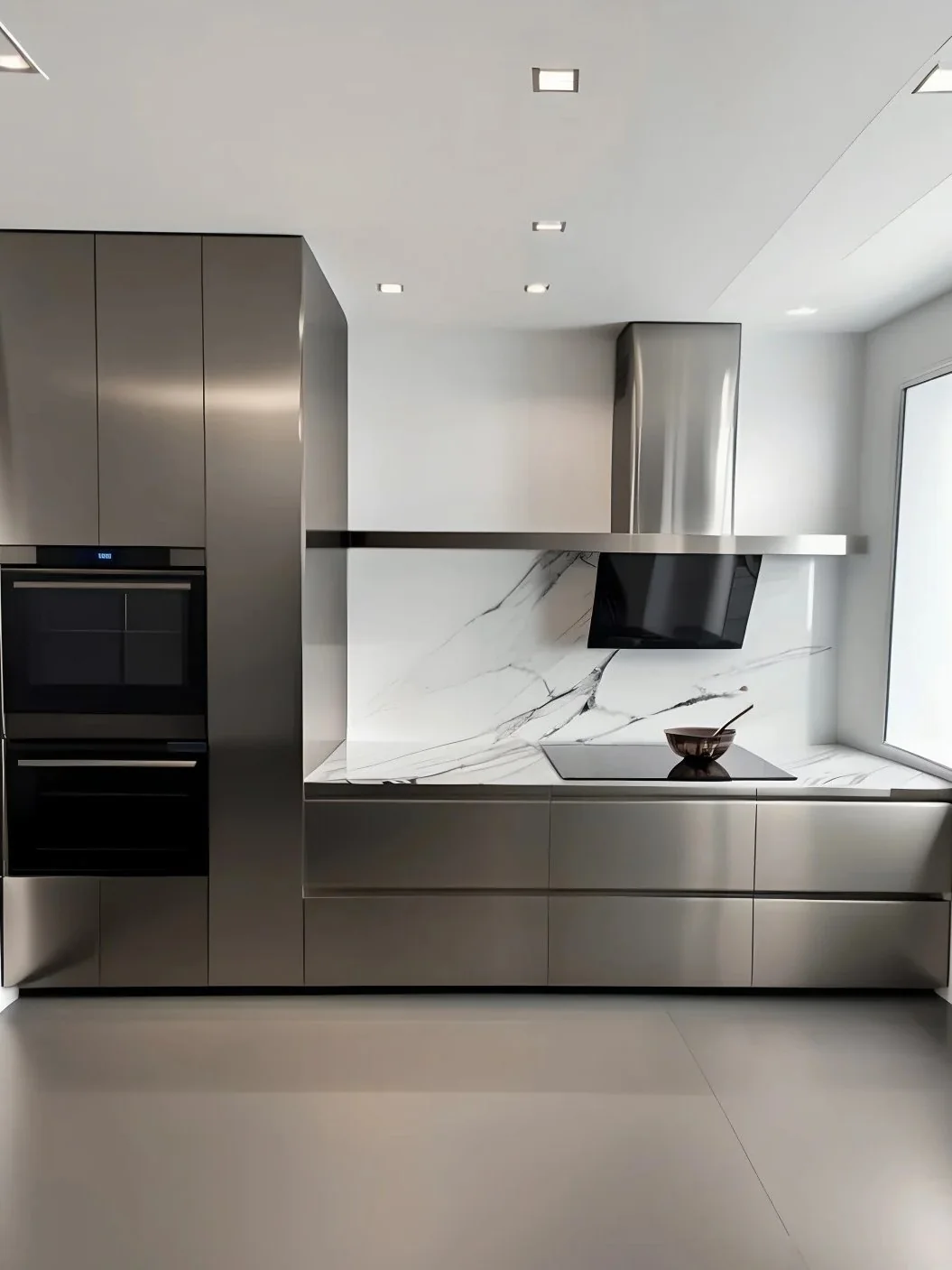 Brushed metallic panels appear calmer and more architectural because reflections are diffused.