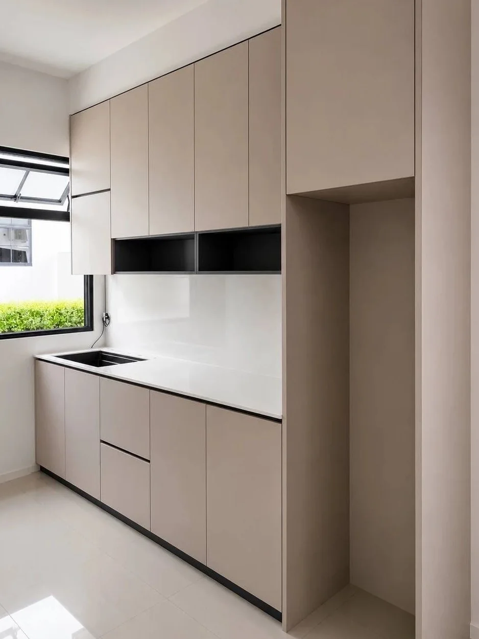 Slim metal profiles can frame neutral cabinetry without becoming the visual focus.