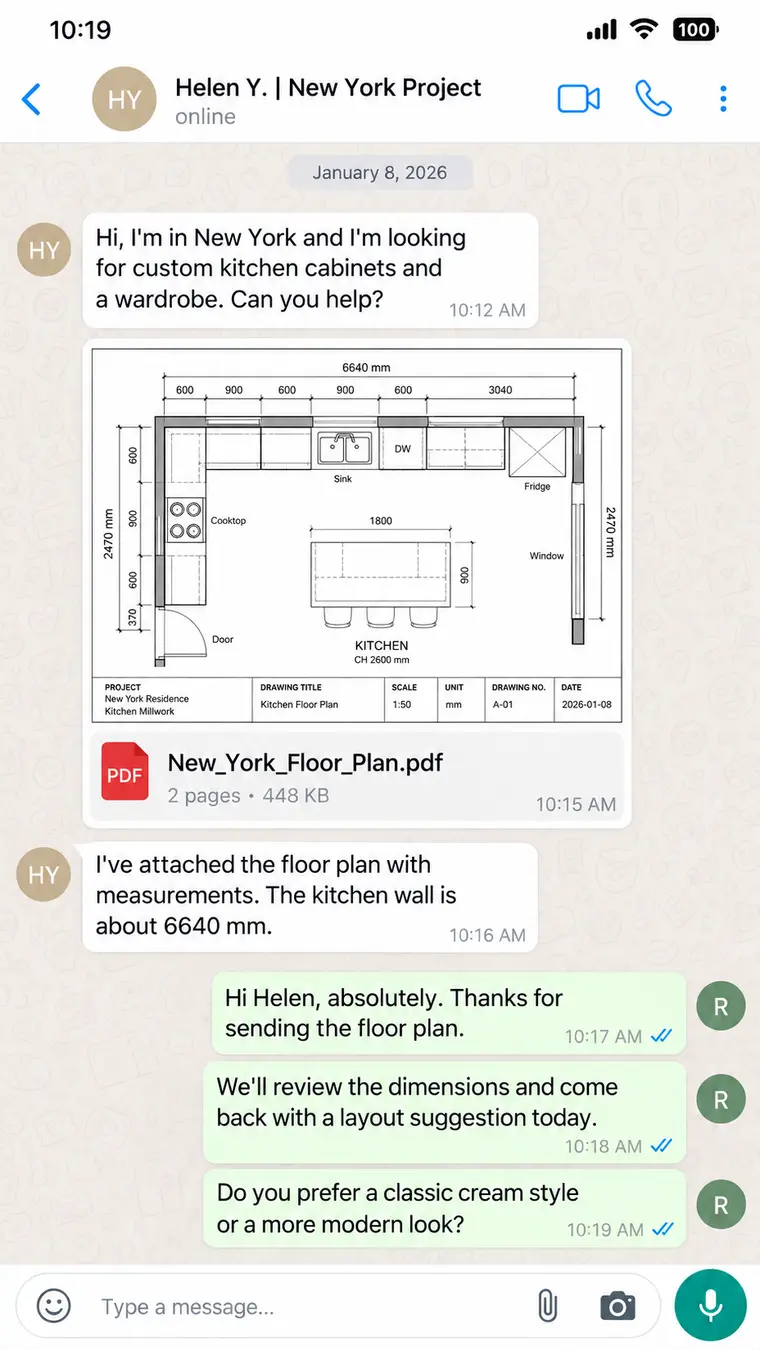 Initial WhatsApp inquiry with New York floor plan PDF