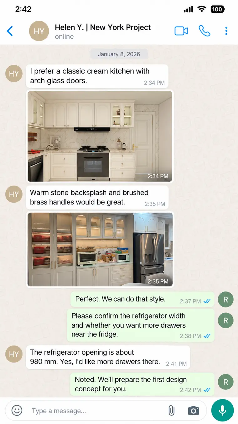 WhatsApp discussion of classic cream cabinetry