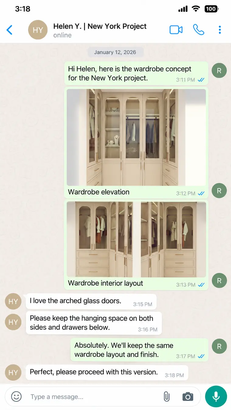 WhatsApp wardrobe elevation and interior layout