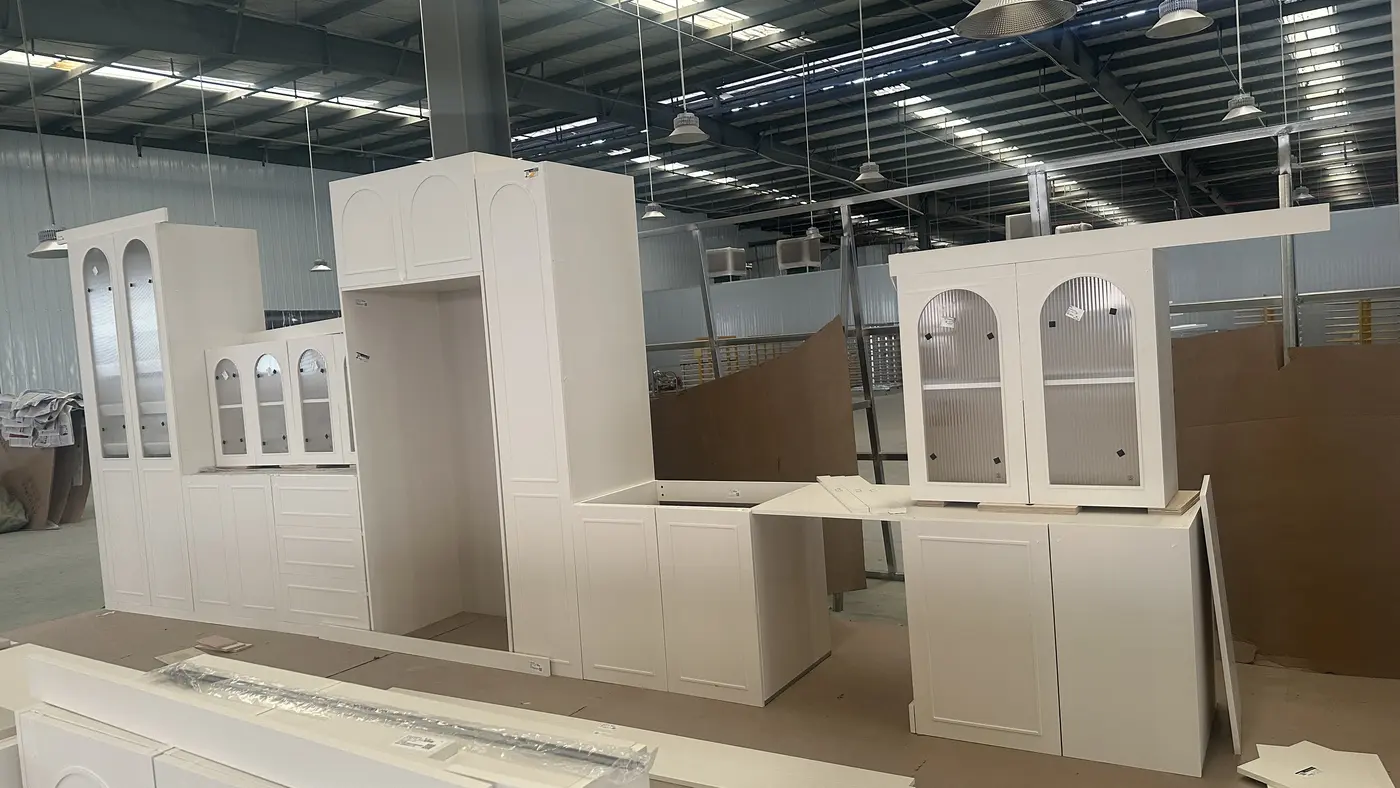 Kitchen cabinet trial assembly during QC