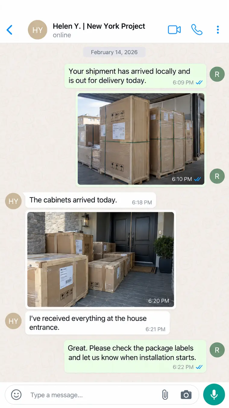 WhatsApp cabinet shipment delivery update