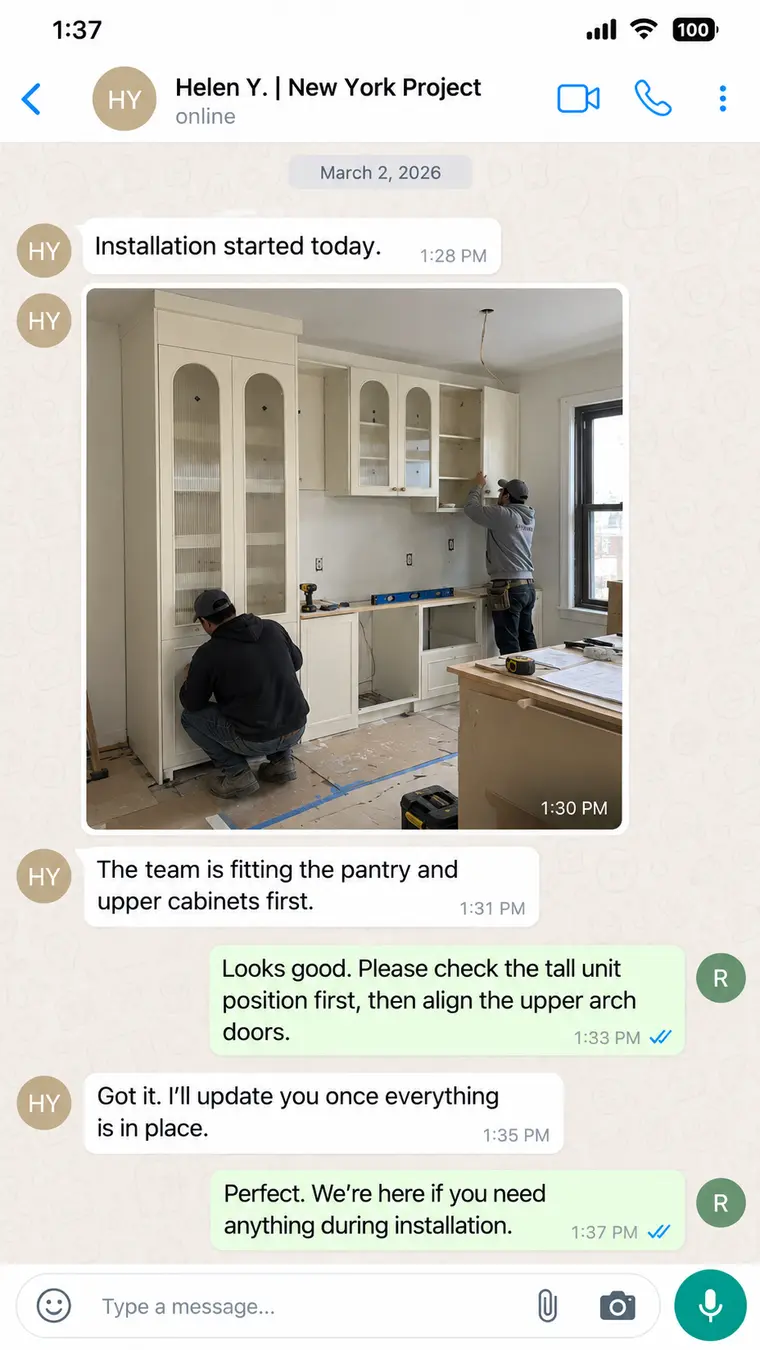 WhatsApp cabinetry installation progress