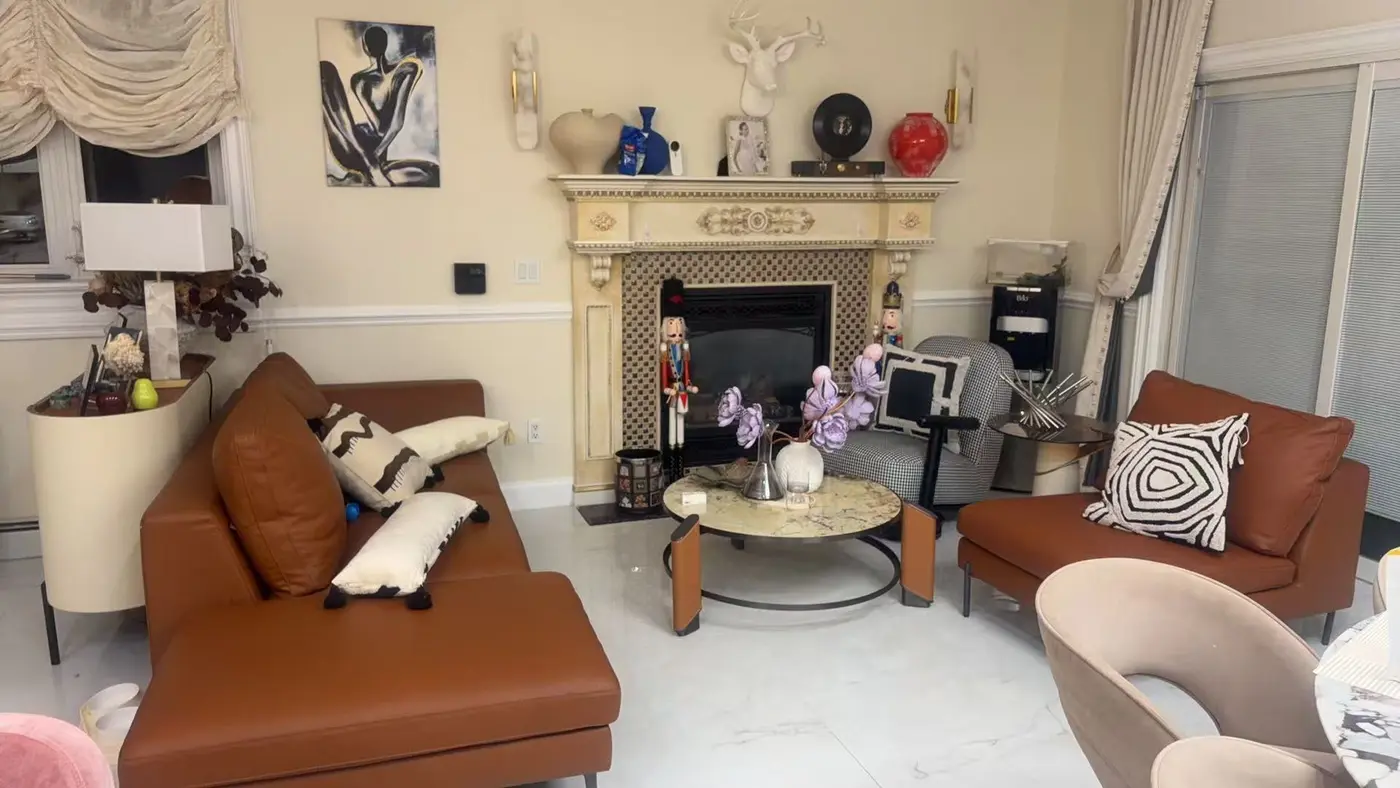 Living area and fireplace in the New York home
