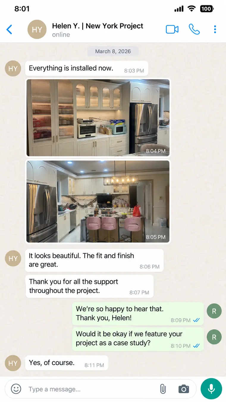 WhatsApp client feedback after kitchen installation