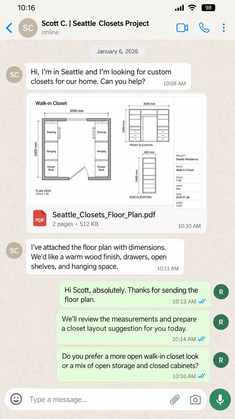 Seattle homeowner sends floor plan PDF on WhatsApp