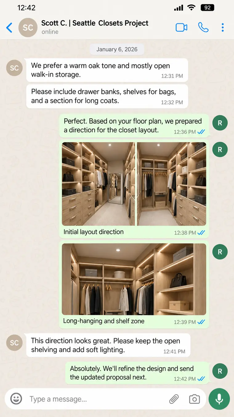WhatsApp discussion of warm oak closet requirements