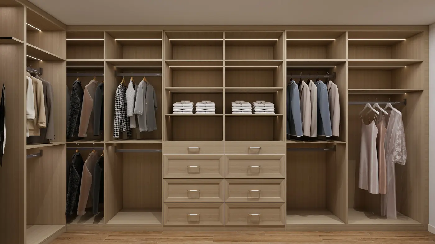 Full-wall warm oak custom closet design rendering