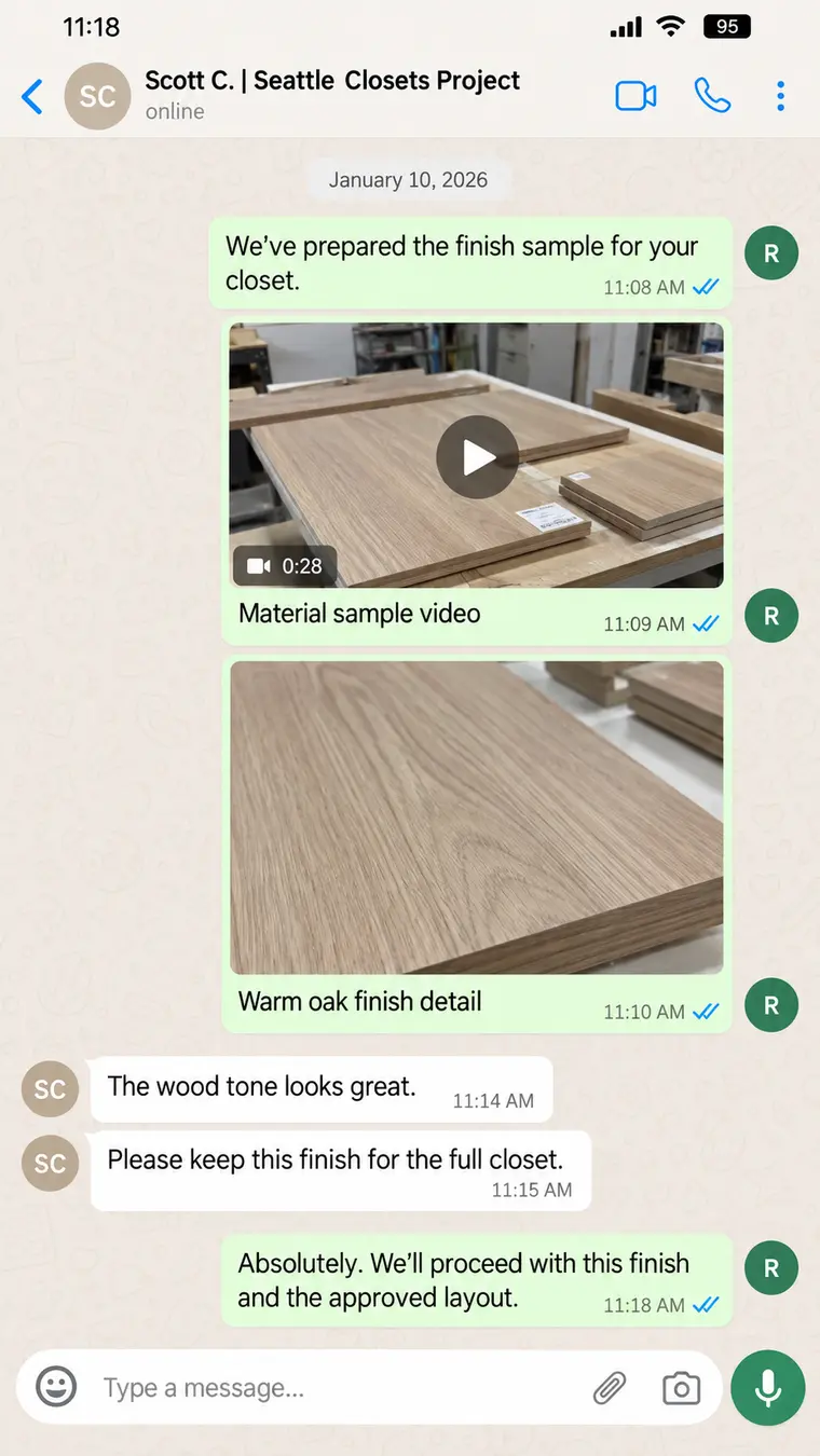 Warm oak material sample video on WhatsApp