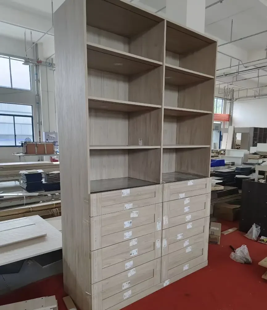 Warm oak shelves and drawers