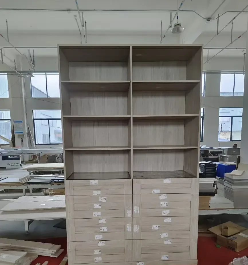 Closet shelving and drawers in factory
