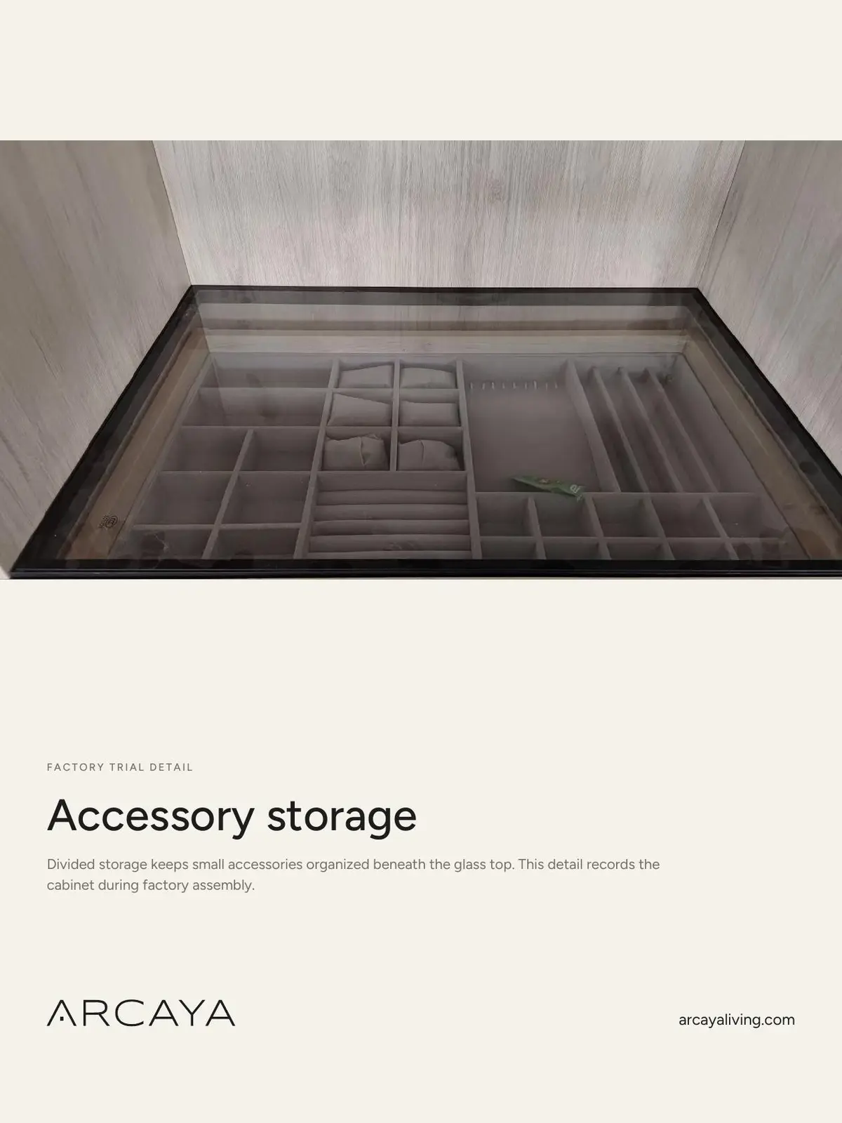 Glass-top accessory storage in completed closet project