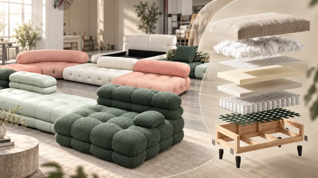 Banner showing finished sofas in a showroom with an exploded sofa construction diagram