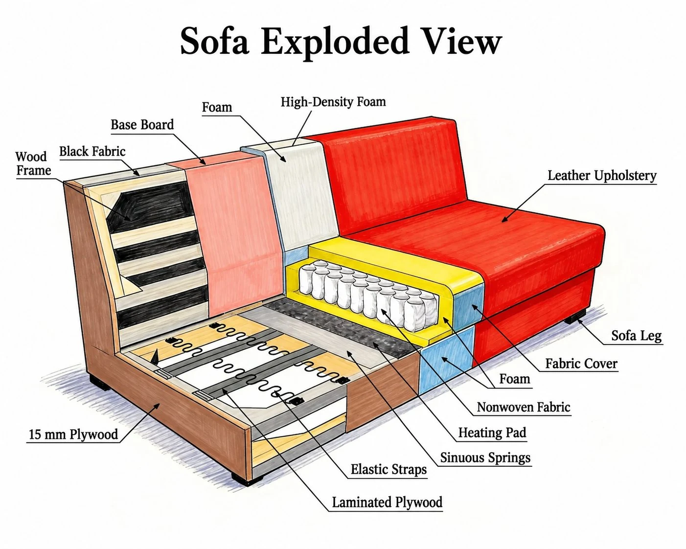 Exploded sofa construction diagram