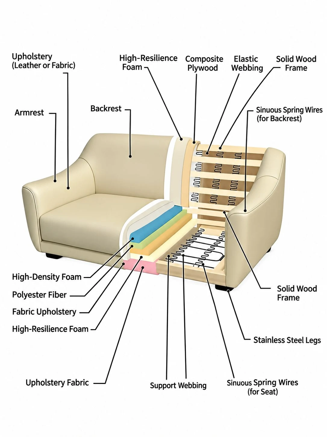 Labeled sofa cross-section showing frame springs foam and upholstery