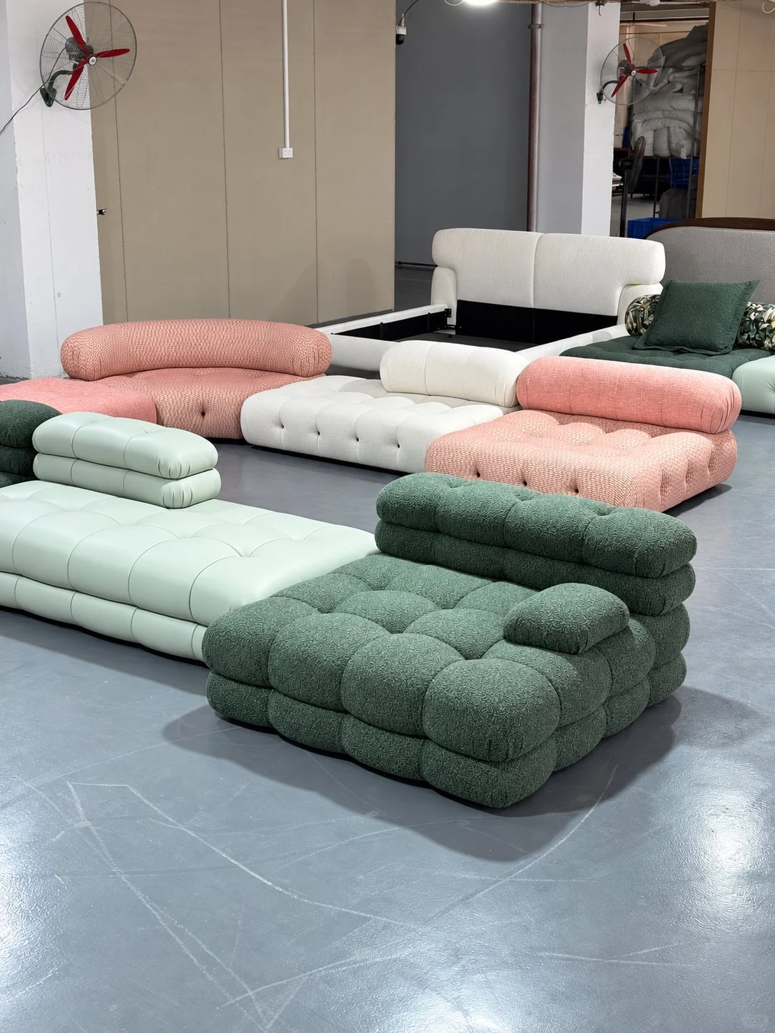 Finished sofas staged in a factory for final review