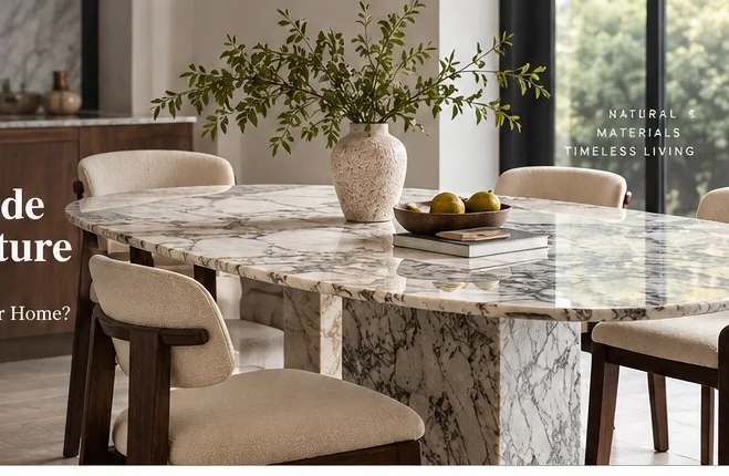 Elegant marble dining table in a warm contemporary interior