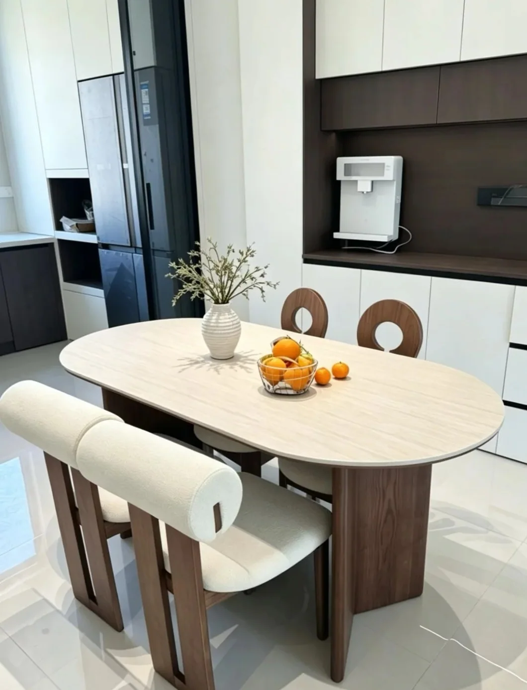 Travertine-look dining table in a modern home