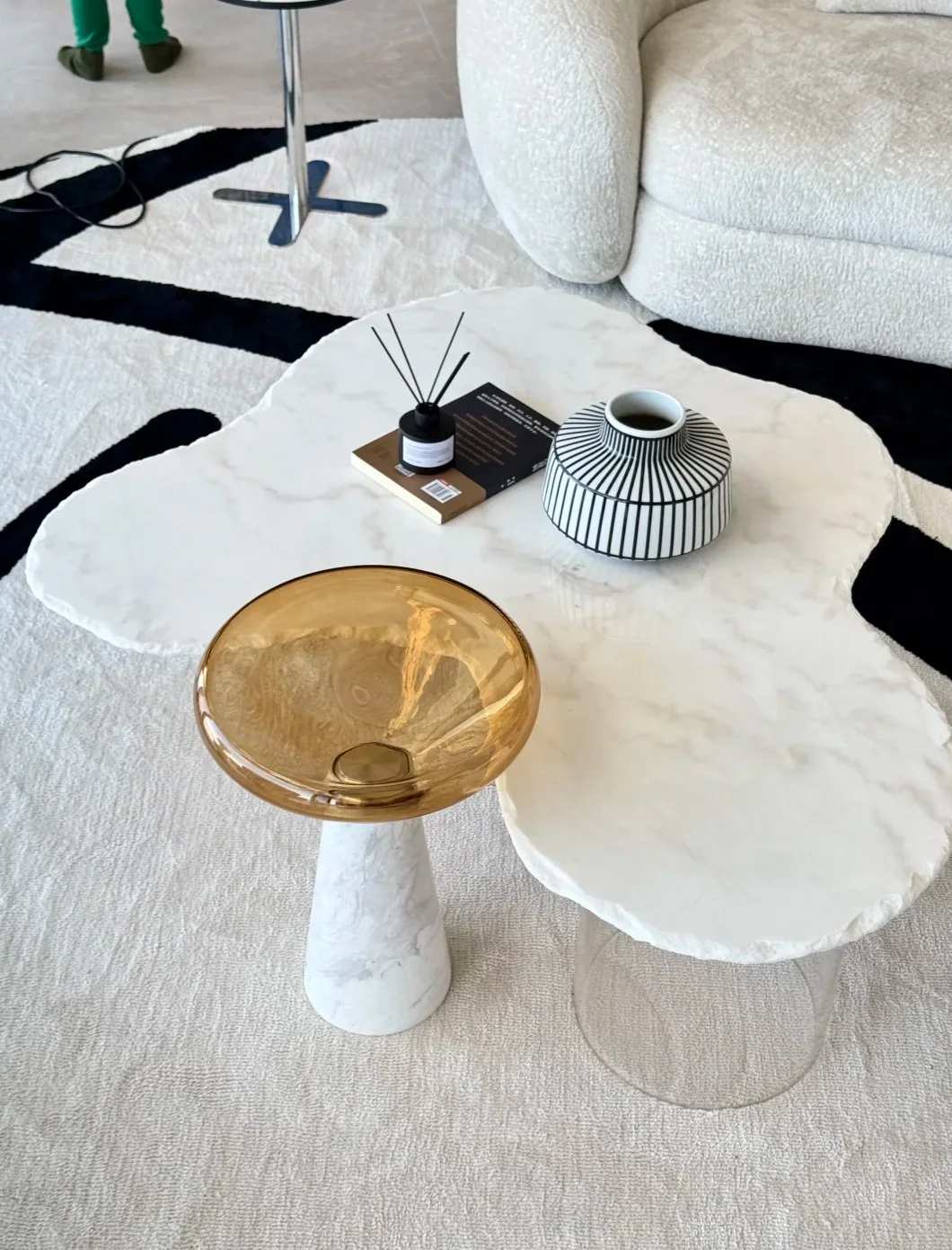 Organic white stone coffee table in a modern living room