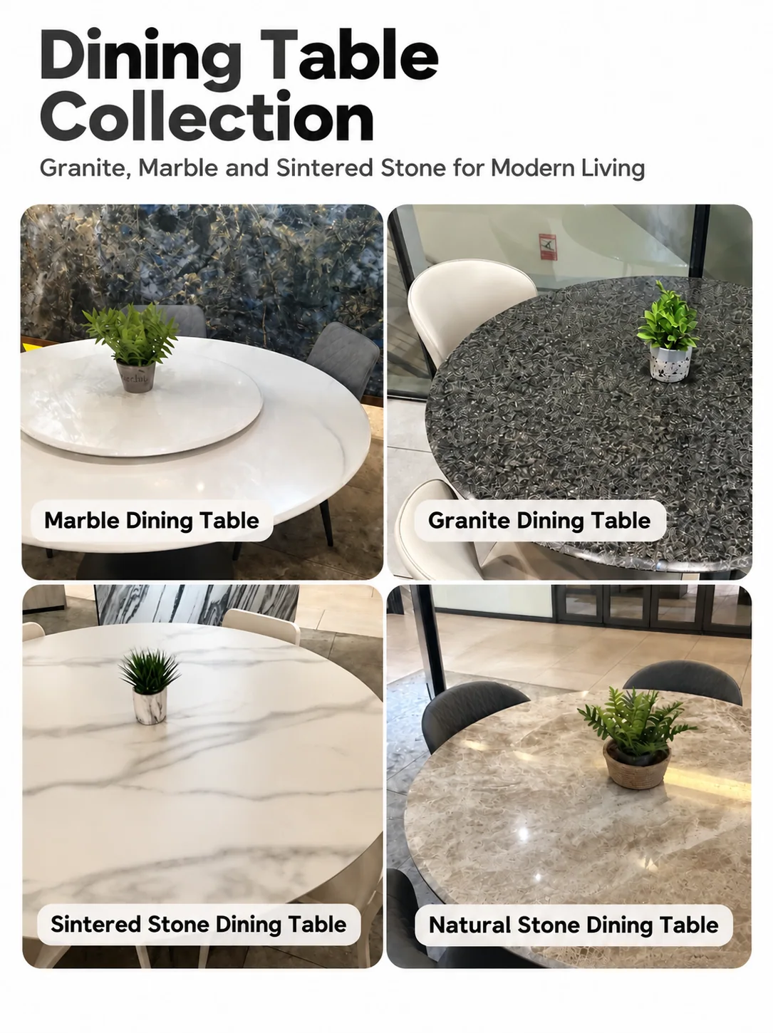 Dining table collection comparing marble, granite, sintered stone and natural stone