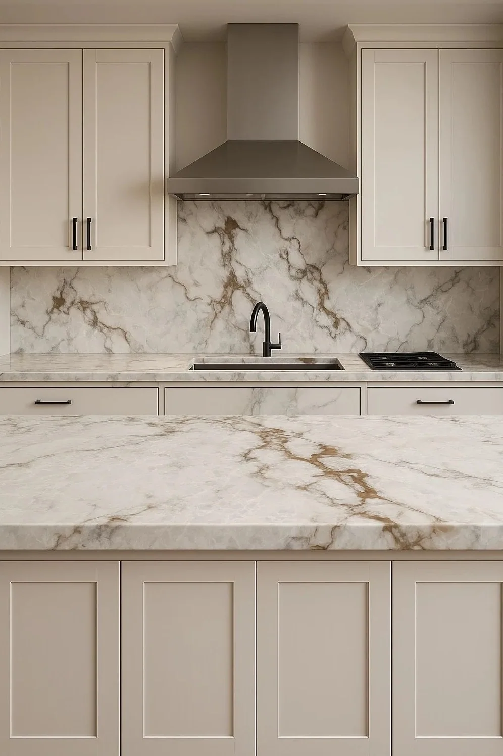 Classic white cabinetry with marble countertop and backsplash