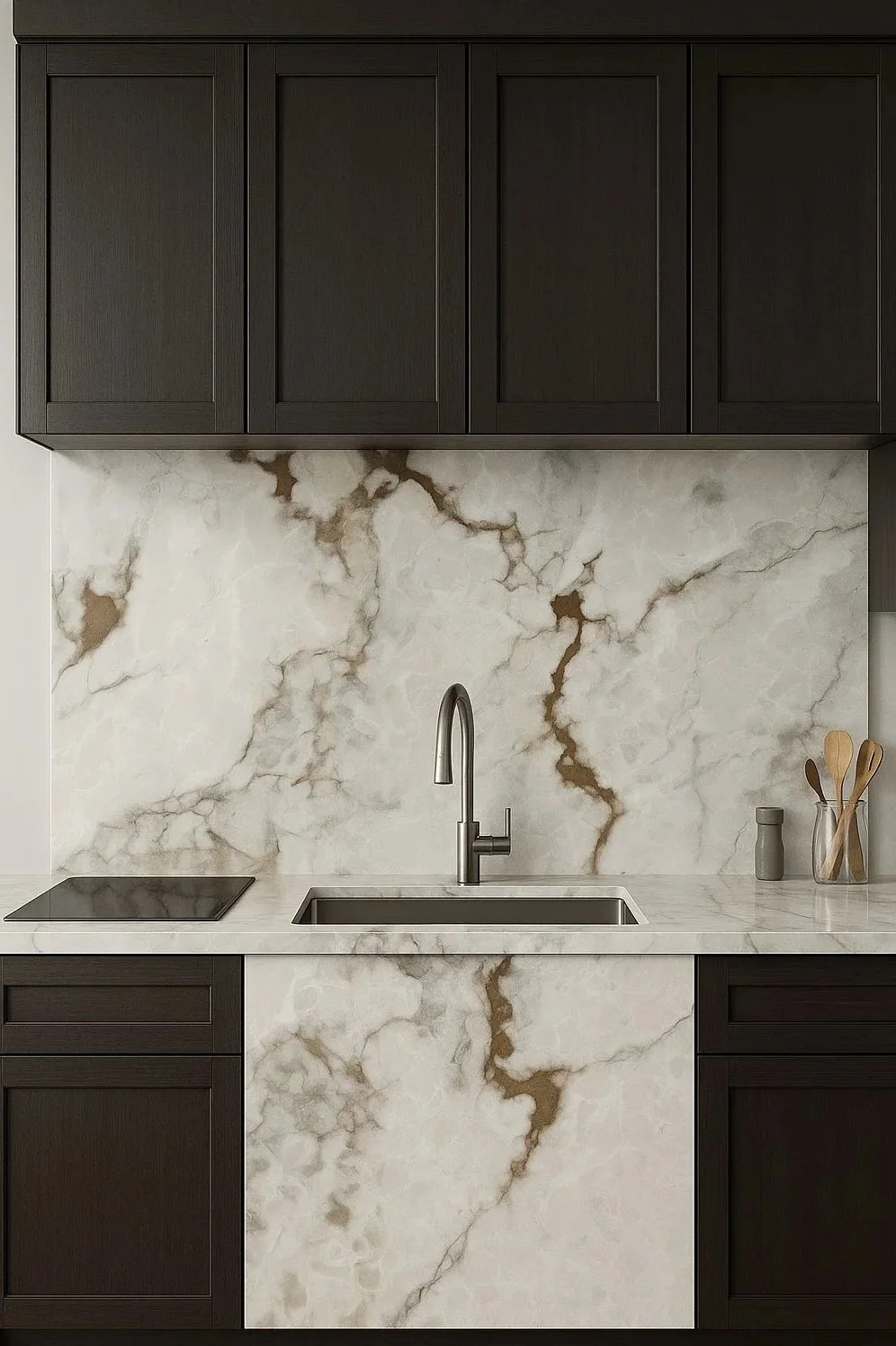 Dark cabinetry with warm-veined marble backsplash and countertop