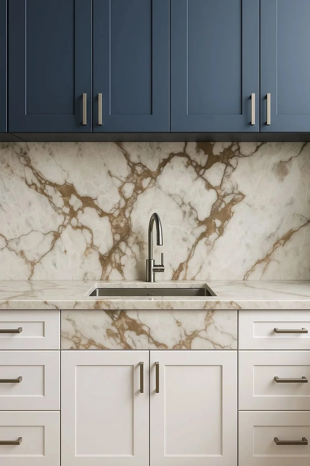 Blue upper cabinetry with bold warm-veined marble backsplash