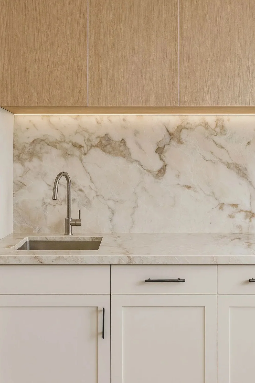 Natural wood upper cabinetry with soft warm-veined marble backsplash