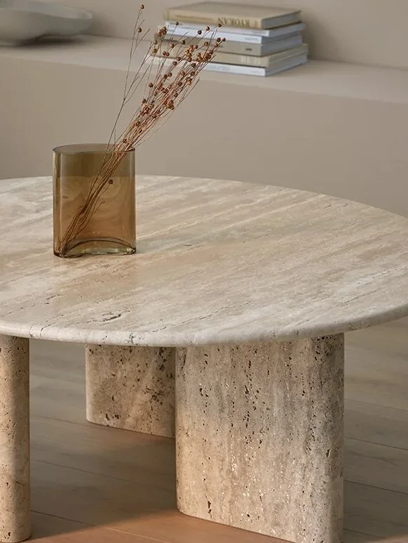 Travertine coffee table close-up