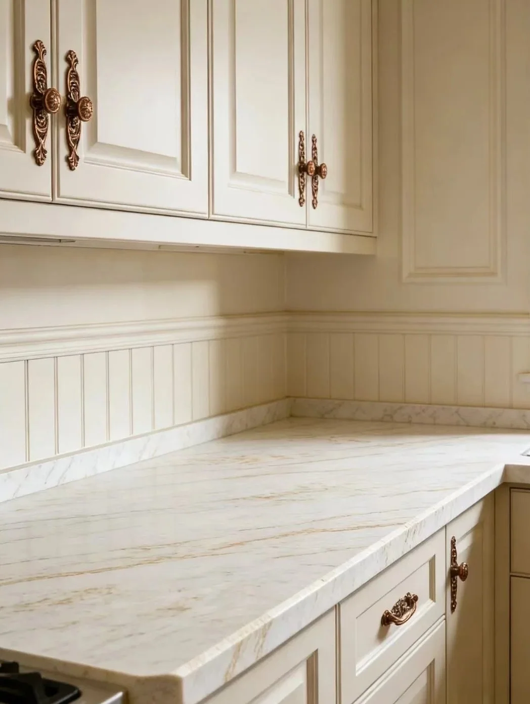 Light quartz kitchen counter with soft veining