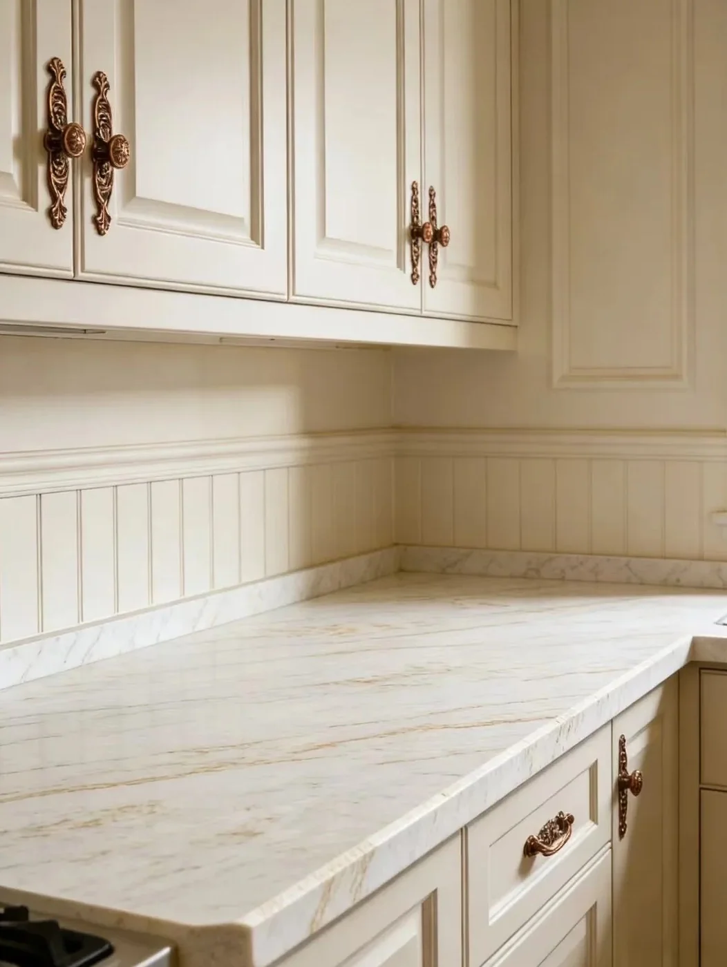 Light quartz countertop with classic cream cabinetry