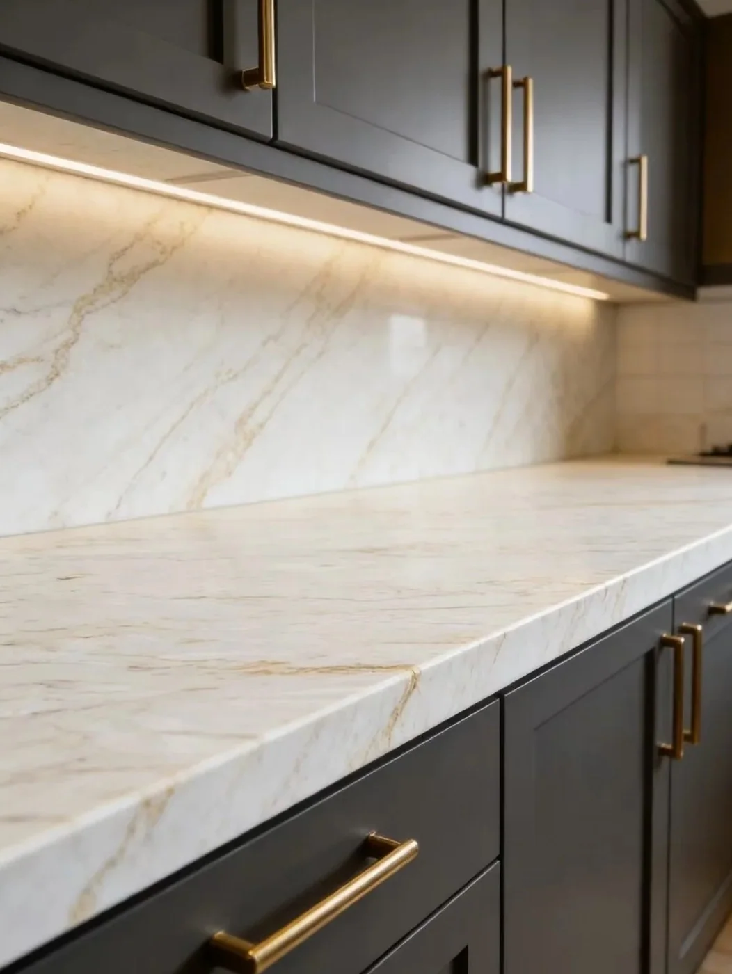 Light quartz countertop with dark cabinetry and warm lighting