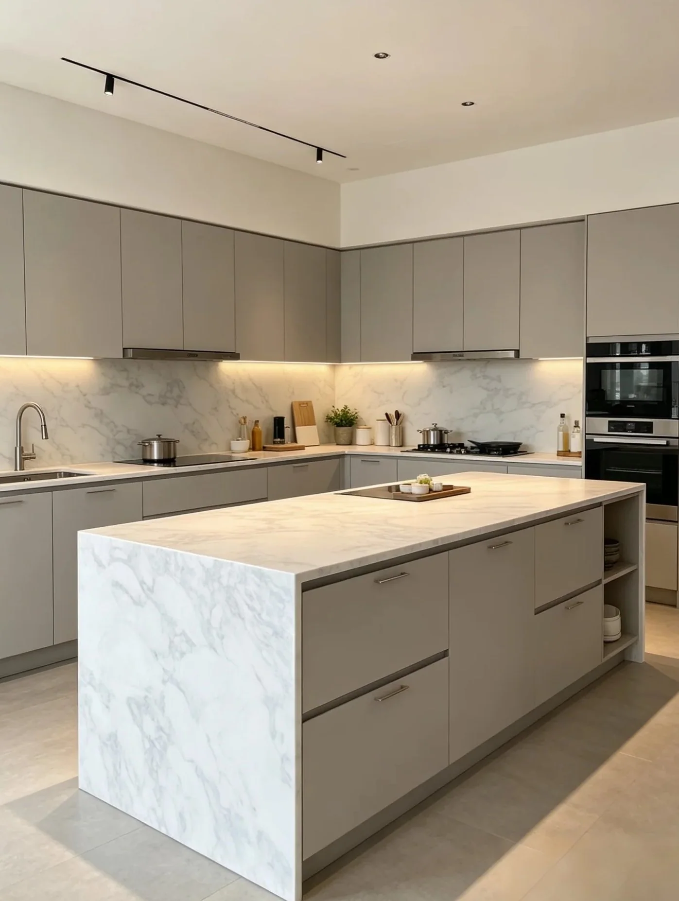 Modern marble-look sintered stone kitchen island
