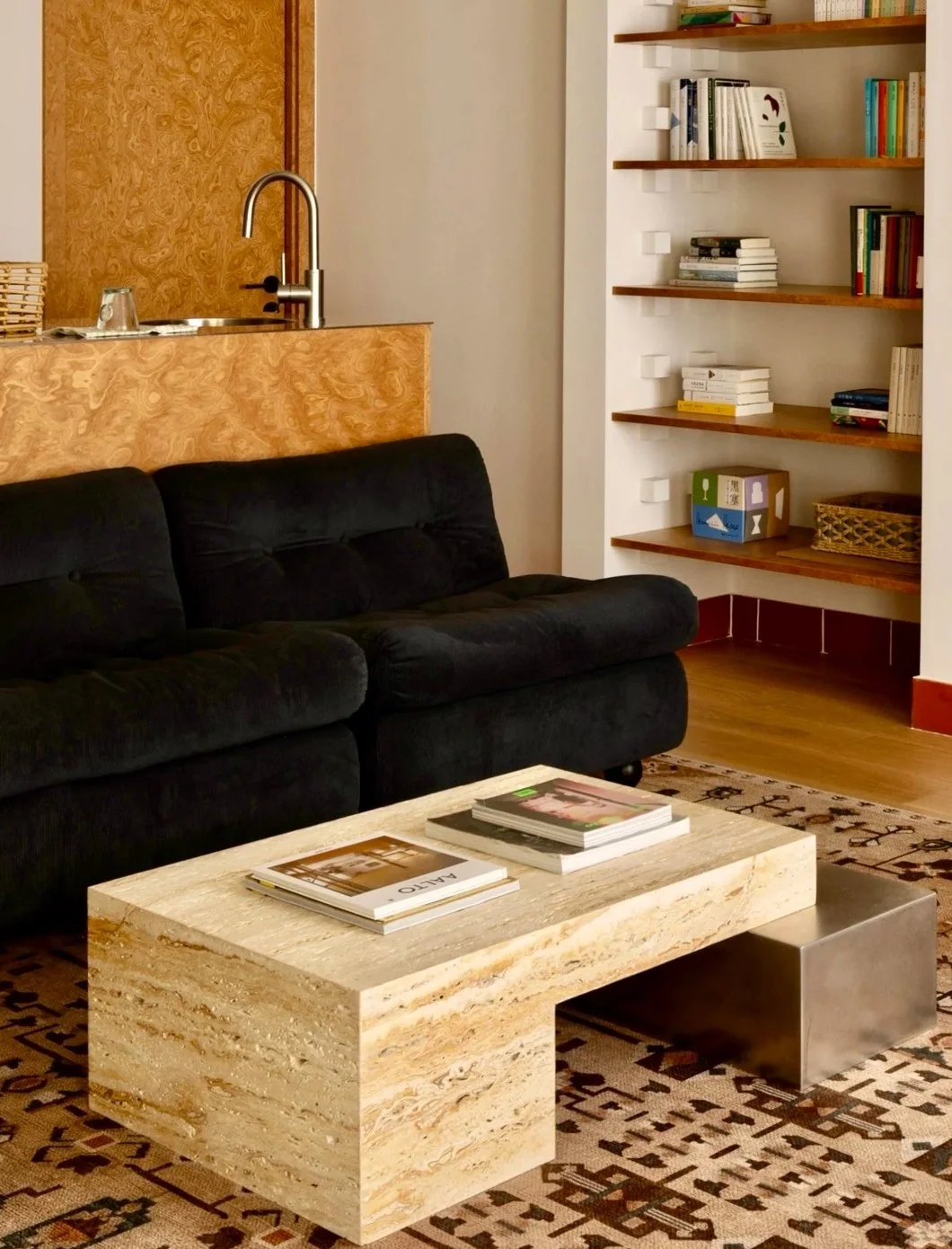 Travertine coffee table in a warm living room