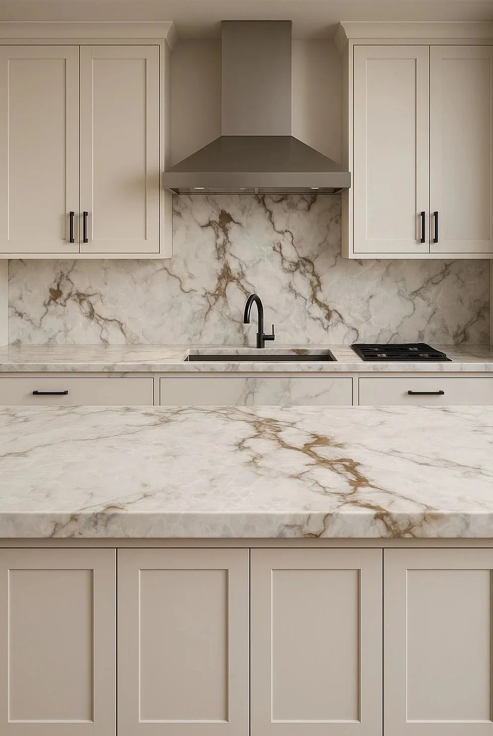 Marble-clad cabinetry showing alignment between stone panels and joinery