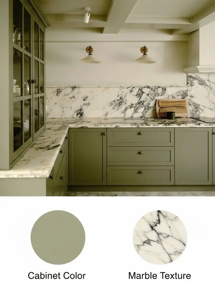 Material palette showing cabinet color and natural marble selection