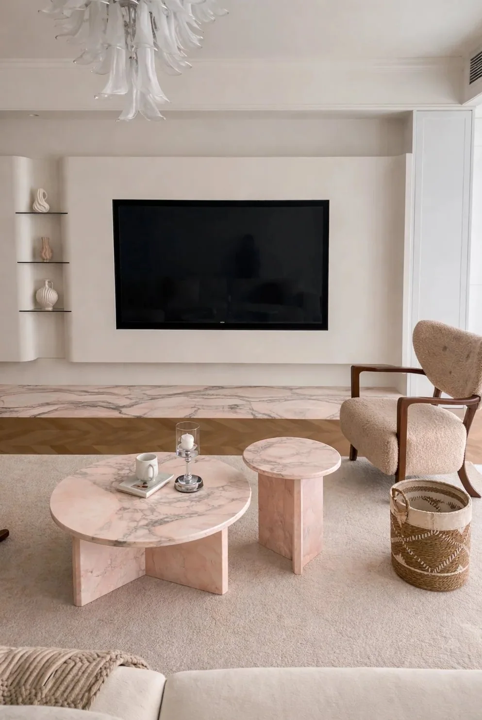 Living room with pale stone occasional tables showing stone furniture in daily use