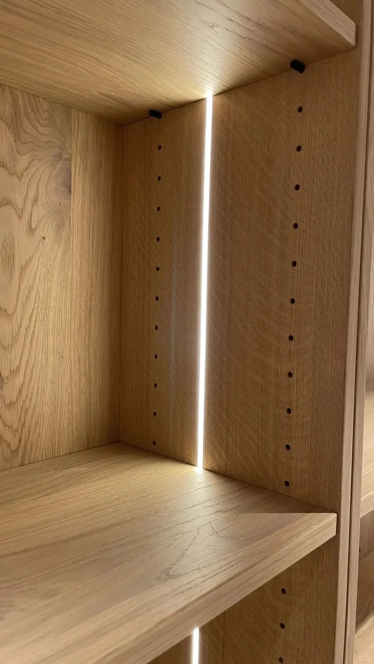Check that LED channels, diffusers and wiring sit neatly and do not interfere with shelves or doors.