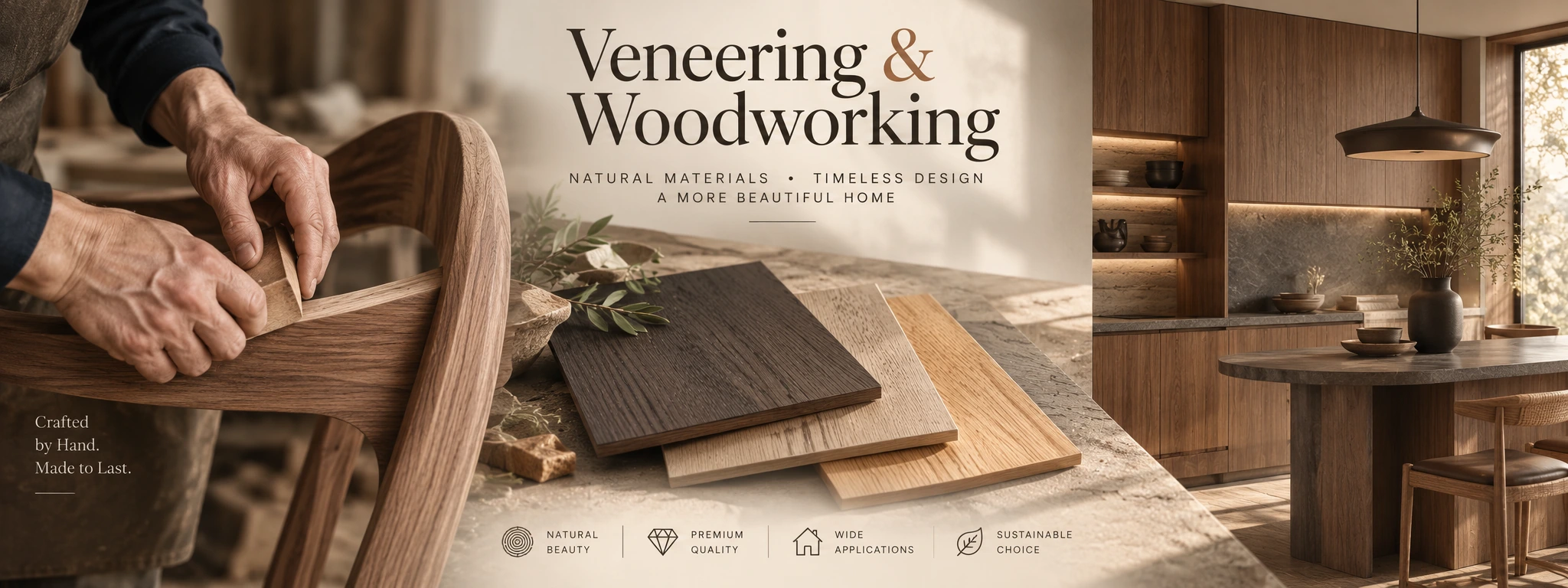 Veneering and woodworking banner showing hand craftsmanship, wood veneer samples and veneered cabinetry