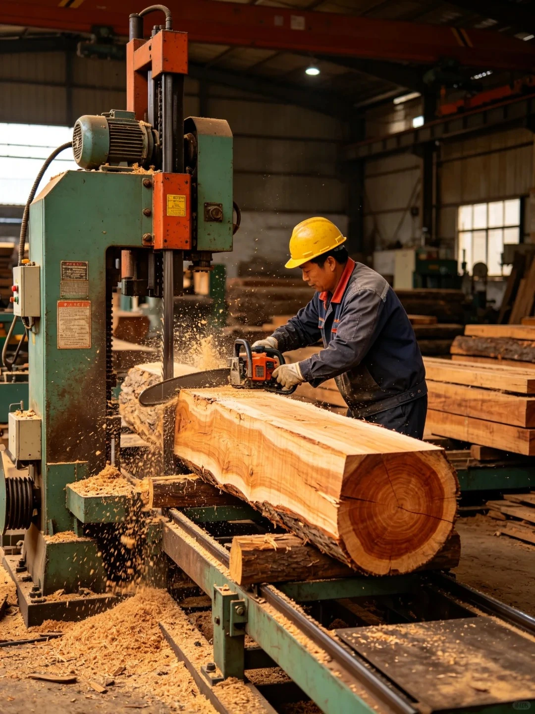 Log and veneer cutting in a factory