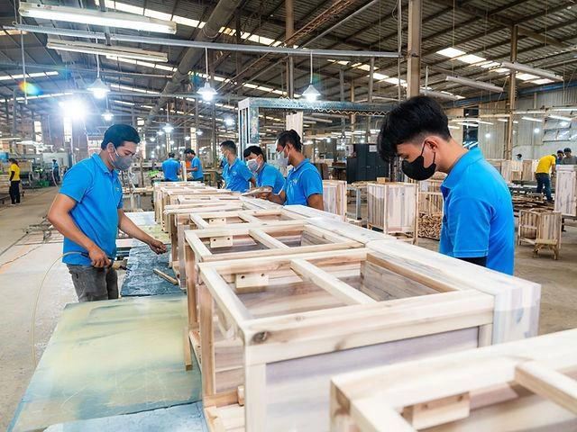 Furniture frames being assembled in a production line