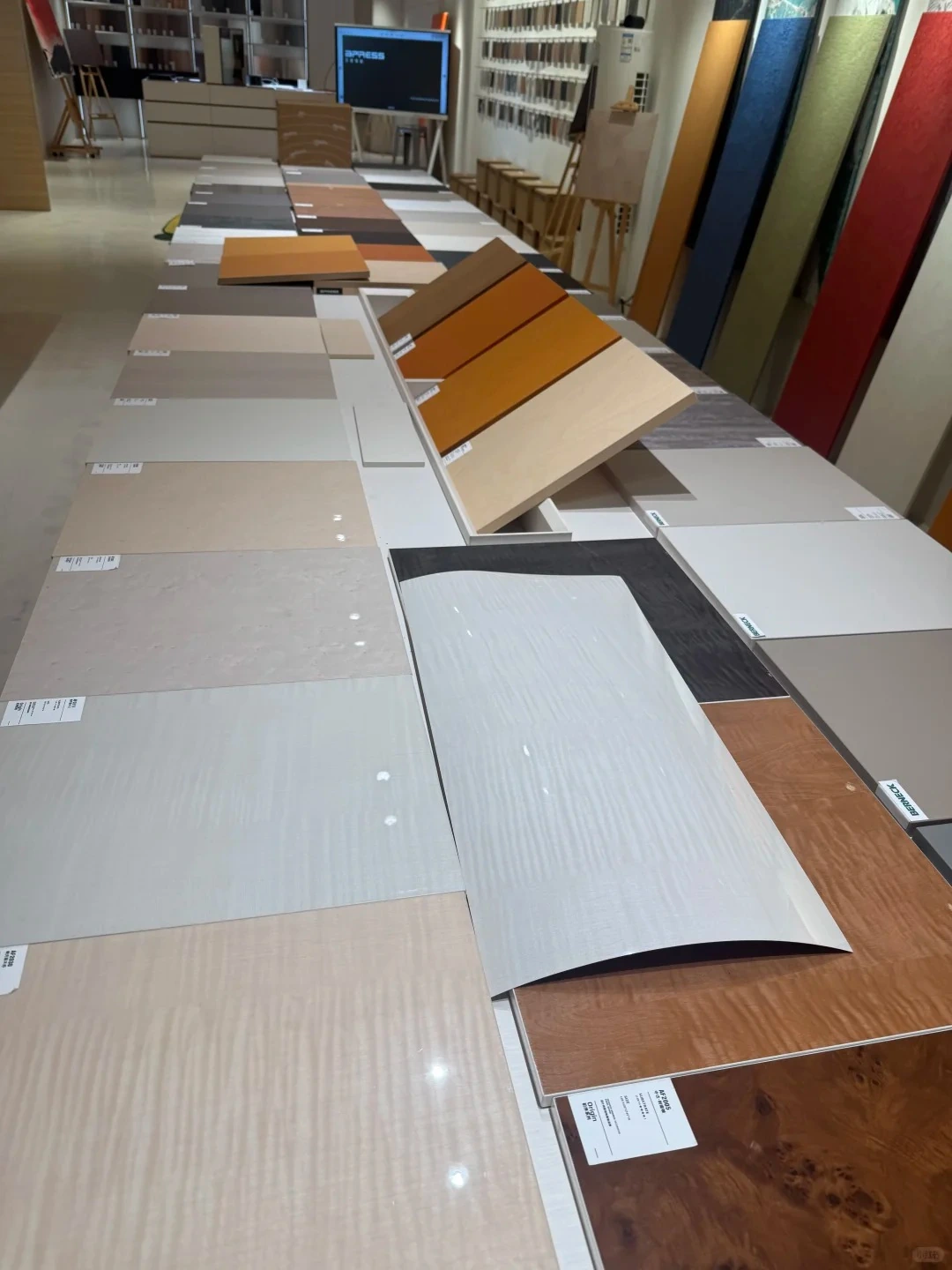 Veneer and finish samples displayed in a showroom