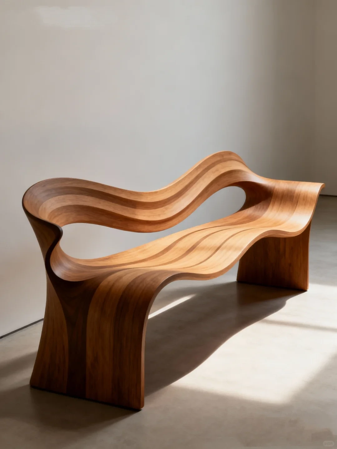 Curved sculptural wooden bench