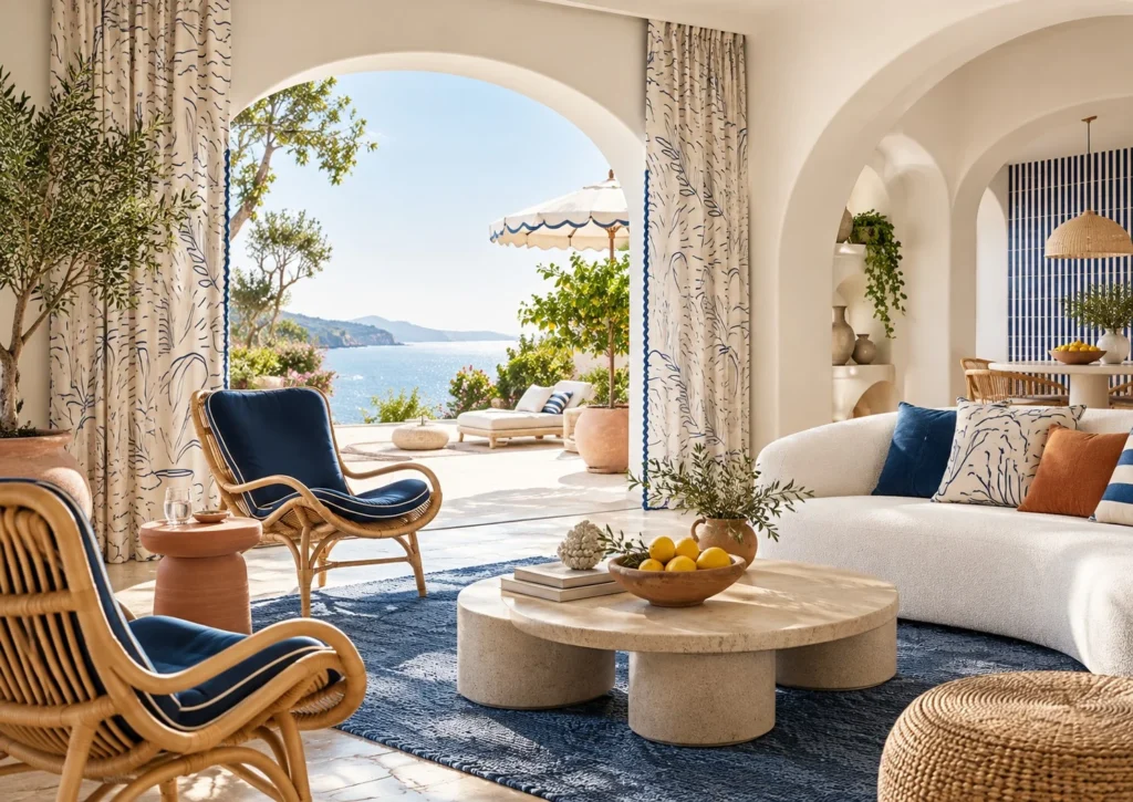 Coastal style banner with airy arches, woven seating and sea view