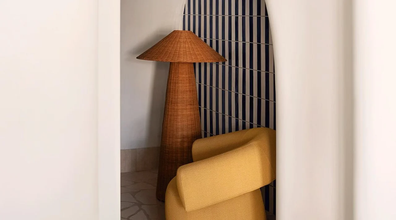 Woven lamp in a coastal interior niche
