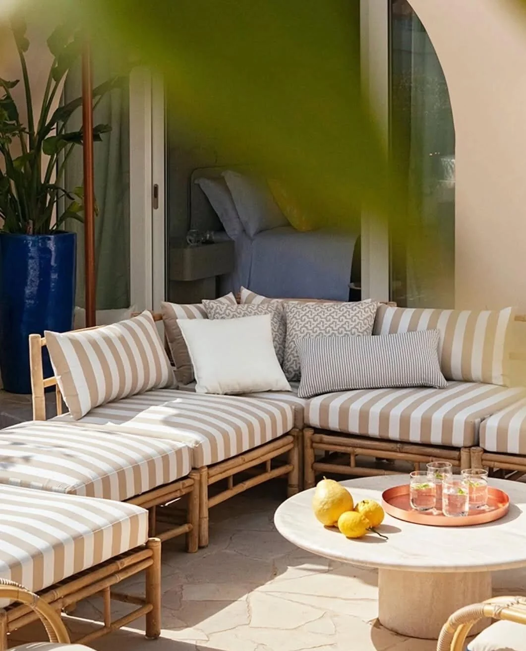 Striped outdoor coastal seating area